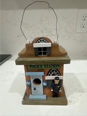 Wooden Police Station Hanging Birdhouse - Blue & Brown